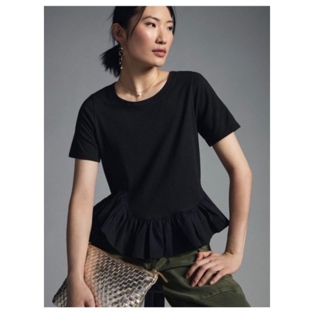 Maeve Anthropologie Black Mixed Media Peplum Ruffle Knit Top XXS NEW